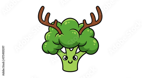 Whimsical vegetable mascot cartoon with broccoli as a deer with cute expression