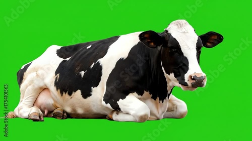 Dairy cow lying down on a vibrant green screen background, ready for compositing and various agricultural projects