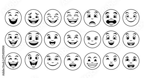 Variety of expressive cartoon faces, illustrating different emotional states and expressions
