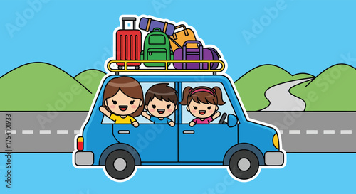 Happy family drives in blue car with luggage on top along highway through countryside on sunny day, enjoying road trip adventure.