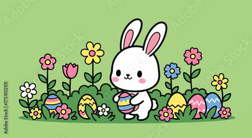 Cute bunny holding easter egg surrounded by flowers in spring garden, celebrating the holiday with joy and vibrant colors.