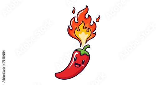 Cartoon red hot chili pepper with flame, symbolizing spice and fiery flavor sensation