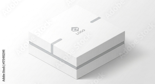 Isometric white box with logo, showcasing a clean and modern design for packaging or branding purposes in a minimalist style