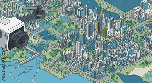 Isometric city map with drone and camera modern city with skyscrapers, parks, and rivers aerial photography, video surveillance, and security concept