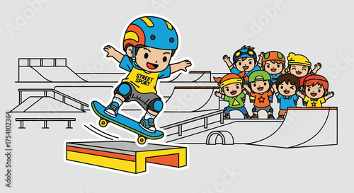 Skateboarder performs a trick on a ramp at the skatepark while friends cheer him on, showcasing youthful energy and camaraderie.