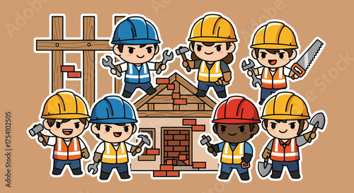 Cartoon construction workers building a house with tools, showcasing teamwork and craftsmanship in a cheerful and playful style.