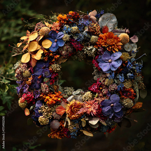 Autumn wreath of dried colorful flowers, berries, and leaves