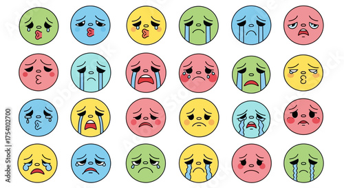 Expressionless backdrop featuring multiple sad and crying emoji faces in pastel shades on a white