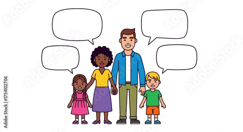 Diverse family illustration with speech bubbles for dialogue or personalized messages offering