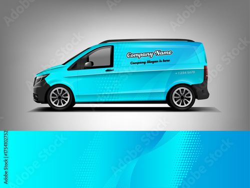 Editable vector EPS van wrap featuring blue gradient style for commercial or delivery vehicles. Clean and professional layout with subtle halftone pattern, perfect for business branding and fleet grap