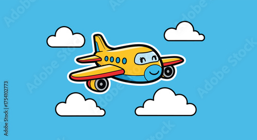 Cute yellow airplane flies through the blue sky with fluffy white clouds, creating a cheerful and whimsical scene for children's entertainment.