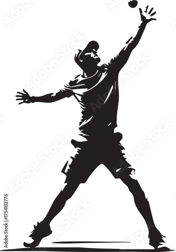 Tennis player serving ball with racket raised, black and white silhouette icon for sport, agility, and competitive motion