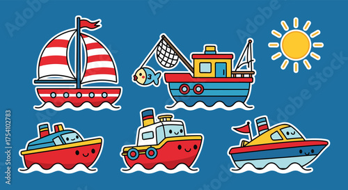 Cartoon boats floating on blue water with smiling sun shining above, creating a cheerful and playful scene for children's products.