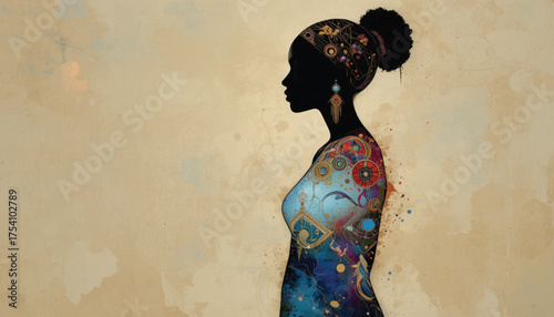 Abstract African woman silhouette with tribal jewelry, gradient colors, elegant line art, decorative fashion concept Ai generate 