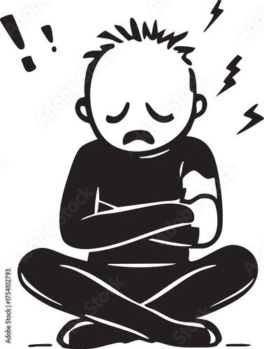 Sad figure with bandaged arm and distress symbols, black and white icon for pain, injury, and emotional discomfort themes