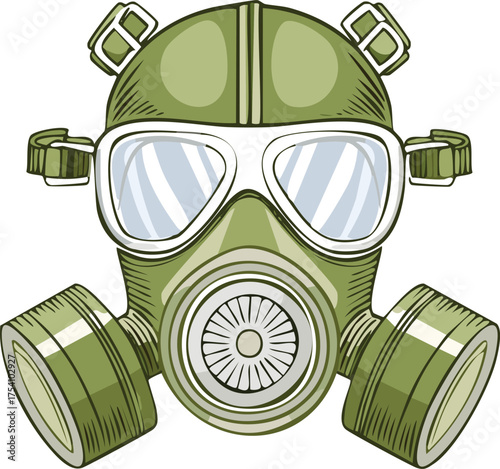 Olive green gas mask with clear goggles and dual canisters protective gear safety equipment