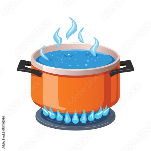 Orange pot with boiling blue water and steam on a gas burner cooking