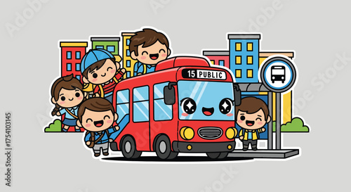 Happy children ride the red school bus through city streets, excited for their field trip on a bright and sunny morning, creating a cheerful and playful atmosphere.