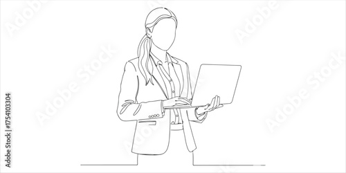 young female business holding laptop continuous single line art drawing sketch on white background