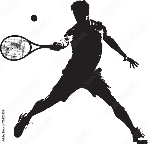 Tennis player mid-air with racket and ball, black and white silhouette icon for sport, agility, and competitive action