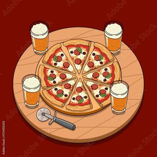 A delicious pepperoni pizza cut with a classic pizza cutter, served with four fresh beers on a wooden tray. Perfect for celebrating International Beer and Pizza Day on October 9th.