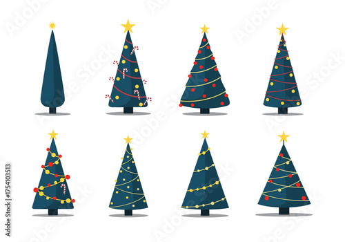 Collection of eight beautifully decorated Christmas trees with stars on top.