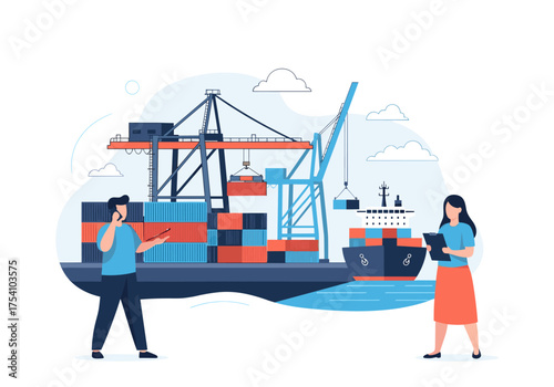 Global shipping and logistics operations at the port with cargo cranes and containers.