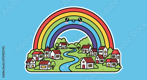 Cartoon rainbow smiles over a small village with houses and a river on a bright blue day, creating a whimsical and cheerful scene.