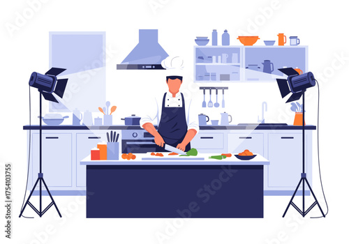 A chef prepares food in a brightly lit kitchen studio for a cooking demonstration.