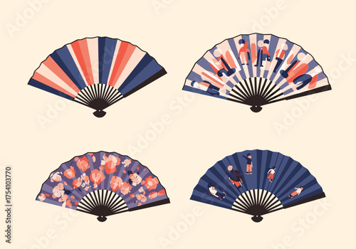 A collection of four beautifully designed folding fans with unique patterns and colors.