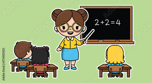 Teacher explaining math lesson to students in classroom with blackboard and desks, creating a cheerful and educational atmosphere.