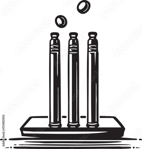 Cricket stumps with dislodged bails in black and white, dynamic sports icon for dismissal, impact, and match intensity