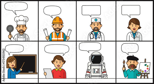 Diverse professions illustrated with speech bubbles for creative content insertion or dialogues