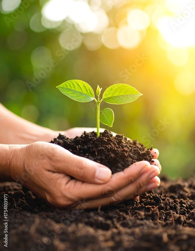 Close-up of hands cradling soil with a new plant seedling