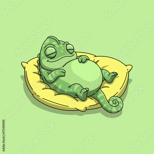 A cute, obese green chameleon is sleeping comfortably on a pillow. Perfect for celebrating National Pet Obesity Awareness Day on October 8th.