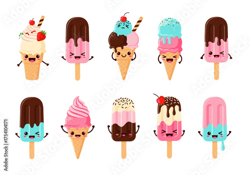 A collection of adorable and fun cartoon ice cream cones and popsicles with happy faces.