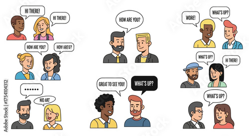 Diverse individuals engaging in casual conversations, each pair exchanging greetings in speech