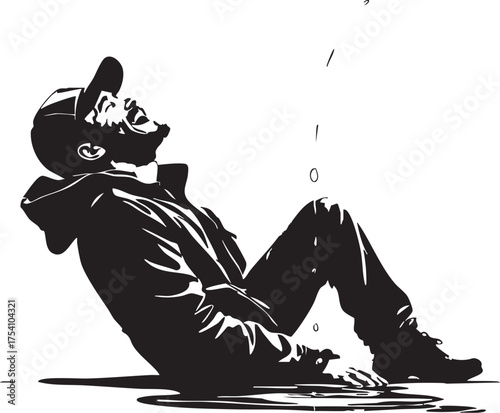 Stylized figure seated under falling liquid, dramatic black and white silhouette icon for emotion, reaction, and expression