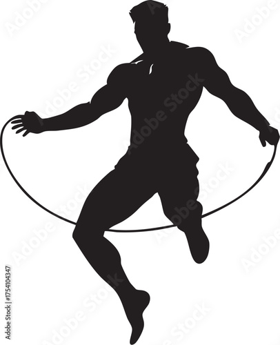 Muscular figure jumping rope in black silhouette, dynamic fitness icon for strength, agility, and cardio exercise themes