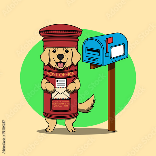Illustration of a dog wearing a classic postbox costume accompanied by a home postbox. Perfect for celebrating World Post Day on October 9th.