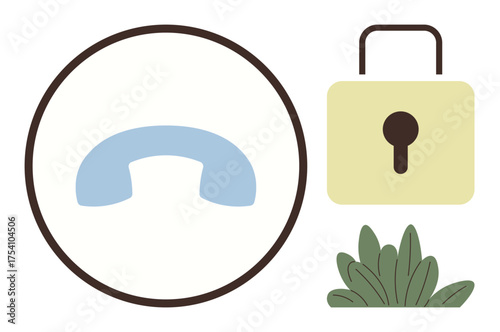 Blue phone receiver within circular outline, padlock symbol, and green leaves. Ideal for privacy, security, communication, confidentiality, eco-consciousness simplicity clear design. Simple flat