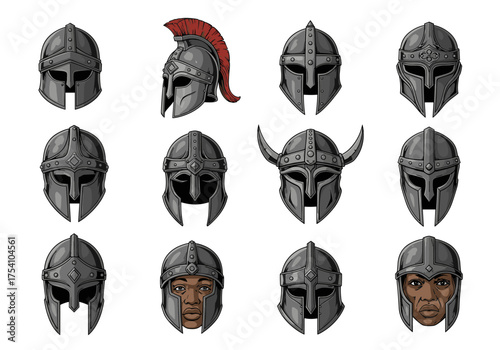 Collection of diverse medieval and ancient warrior helmets with intricate metalwork and varied designs representing different historical and fantasy combatants.