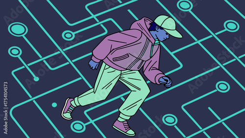 A digital runner sprints across a circuit board, embodying the fusion of athleticism and technology in a vibrant, modern illustration style