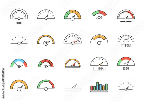 A collection of various measuring gauges and indicators for performance tracking.