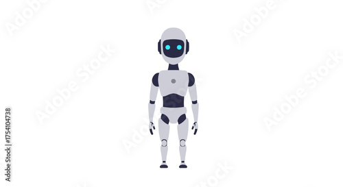 Futuristic humanoid robot with glowing blue eyes standing against a white background, concept of artificial intelligence and advanced technology