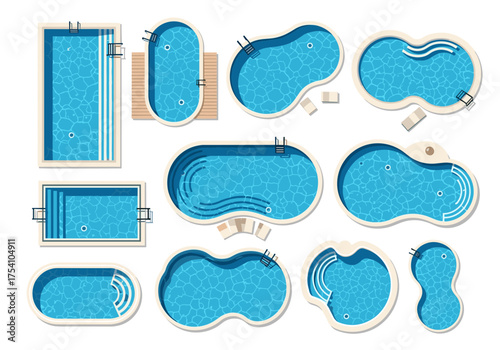 Collection of various backyard swimming pool shapes and designs from a top down view.
