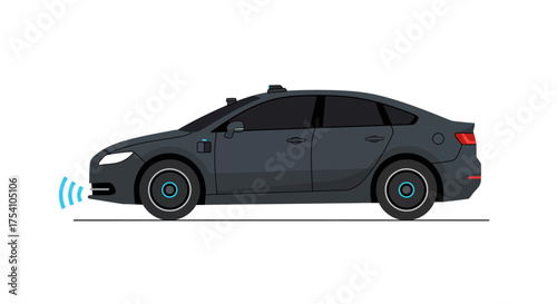 Flat design illustration of a sleek self-driving car equipped with lidar and radar sensors, symbolizing the innovation in smart transportation and future mobility solutions