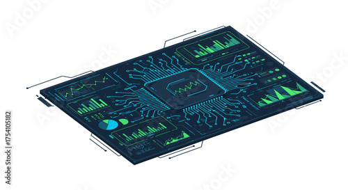 Technological concept of a powerful AI processor visualizing and analyzing complex data streams on a virtual dashboard