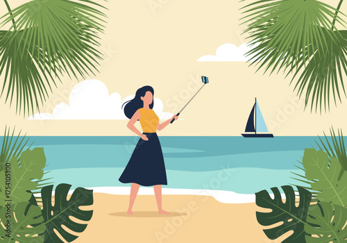 A woman takes a selfie with a selfie stick on a tropical beach with a sailboat in the ocean.