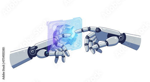 A futuristic depiction of two robotic hands making contact, symbolizing the genesis of artificial intelligence and digital innovation